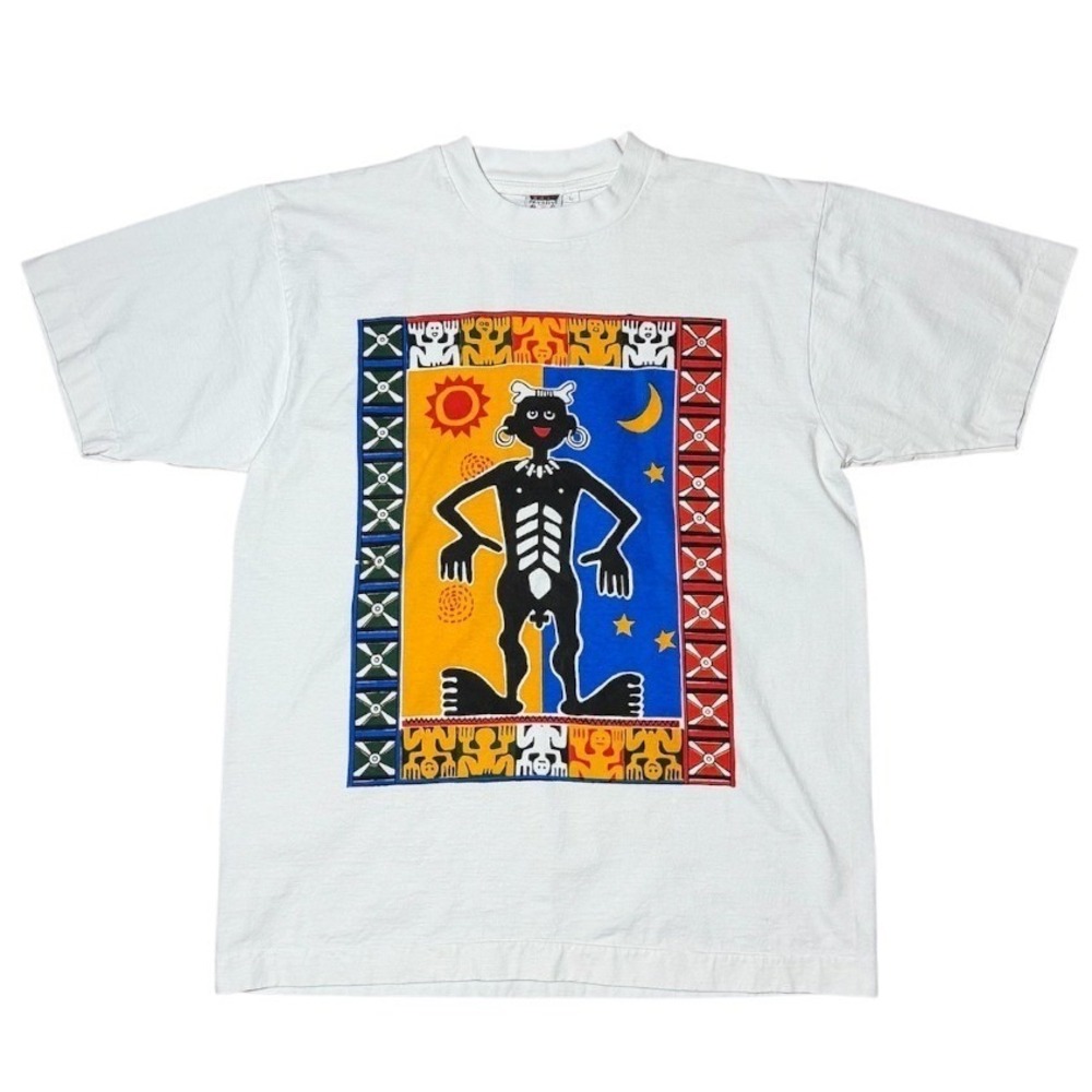 Vintage 90s Primitive Bali Tribal Art Haring Graphic Travel Souvenir T-Shirt